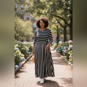 WNEEDU Womens Black & White Striped Maxi Dress Size 2XL Coastal Nautical Stretch
